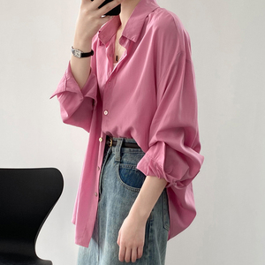 韩国天丝宽松薄款长袖粉色衬衫女春夏设计感小众防晒开衫外套罩衫