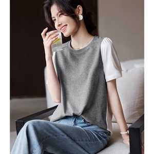 韩国撞色拼接圆领短袖衬衫女式夏季2024设计休闲宽松显瘦半袖T恤