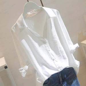 韩国2024夏季新款中长款宽松休闲白衬衫女宽松显瘦短袖T恤V领上衣