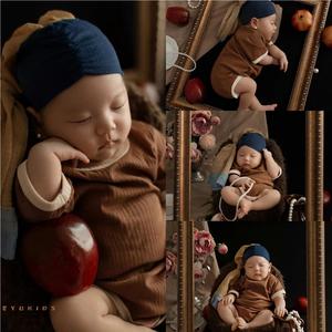 新生儿摄影服装戴珍珠耳环的少女头巾帽子裹布创意宝宝婴儿月子照