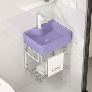 省空间小户型挂墙式紫色陶瓷洗手盆不锈钢支架洗脸盘卫生间水池子
