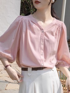 法式春秋新款粉色七分袖宽松雪纺衬衫女士设计感小众V领上衣夏季
