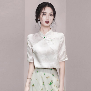 夏季新款新中式国风白色立领盘扣提花雪纺短袖衬衫女小衫气质上衣