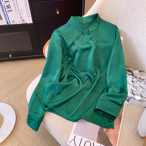 绿色重磅真丝国风衬衫女春季新款复古盘扣气质桑蚕丝长袖上衣衬衣