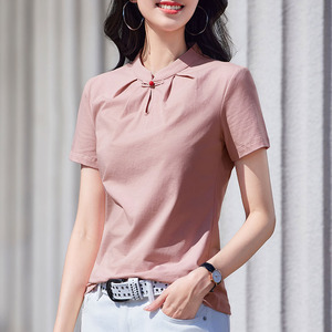 2024新中式国风立领盘扣短袖t恤女夏季新款纯棉宽松半袖上衣体恤