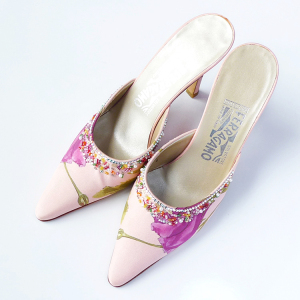 vintage古董花草粉色钉珠穆勒鞋限量珍藏版丝缎高跟鞋