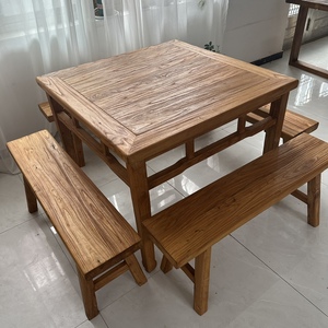 老榆木方桌八仙桌餐桌实木茶桌中式桌椅组合复古民宿风化原木长凳