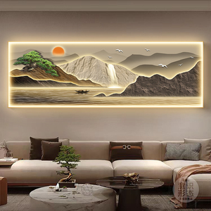 流水生财客厅装饰画led带灯轻奢大气茶室挂画现代沙发背景墙壁画