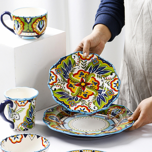 OMK欧式创意手绘陶瓷盘子时尚不规则西餐盘家用早餐沙拉平盘摆盘