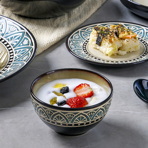OMK 创意陶瓷盘子深菜盘复古家用碗套装圆形西餐大盘特色餐厅餐盘