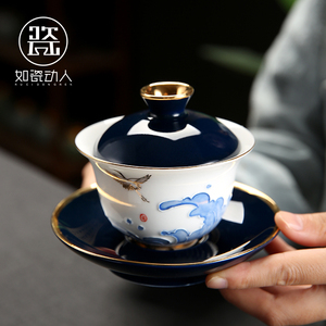 如瓷动人 白瓷三才盖碗茶杯茶道6君子手绘浮雕功夫茶具泡茶壶单个