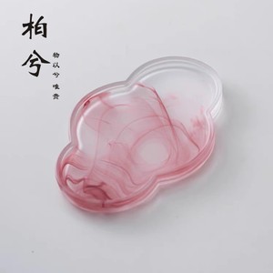 日式琉璃壶承磨砂玻璃海棠干泡台粉色泼墨禅意托盘茶具配件小茶盘