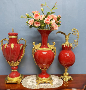 欧式古典大红色陶瓷配铜高档摆件美式别墅花瓶果盘婚庆工艺品摆设