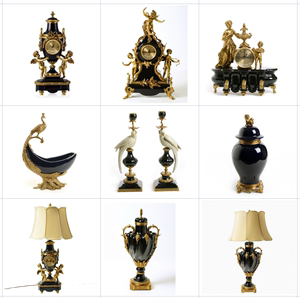 美式古典奢华装饰摆件欧式台灯时钟铜包陶瓷工艺套装客厅玄关摆设