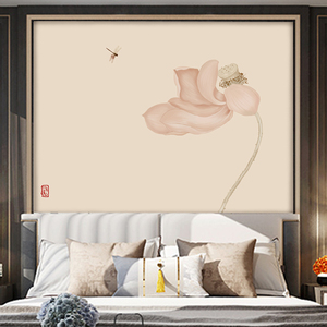 中式沙发客厅背景墙壁纸美容院茶楼佛堂禅意荷花墙布素雅壁画墙纸