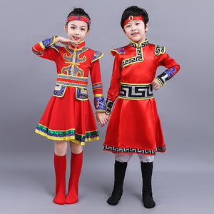 蒙古舞蹈儿男女童演出服少数民族服装男童蒙族服装裙袍藏服舞台装