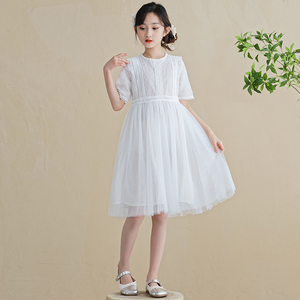 女童白色连衣裙2024新款中大童蓬蓬纱裙子短袖女孩洋气公主裙夏季