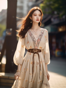 夏季女装少数民族风傣族服装度假风云南旅游穿搭杏色碎花连衣裙子