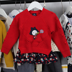 韩版童装女童拼接假两件针织毛线衣儿童套头衫可爱款宝宝针织上衣