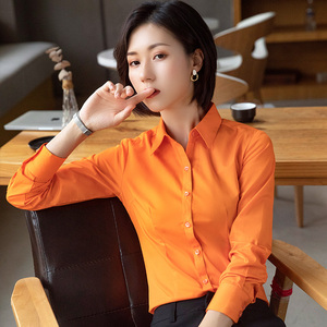 橙色加绒衬衫男女同款制绣logo打底内搭橘色韩版职业装衬衣工作服