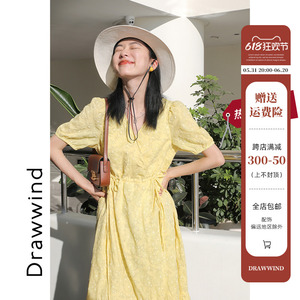 画风家drawwind 黄色连衣裙女夏季新款V领气质收腰系带显瘦长裙