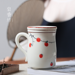 岩香坊 手绘小清新柿子水杯陶瓷带过滤釉下彩办公杯家用泡茶杯