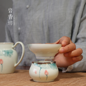 岩香坊 手绘荷花茶叶滤茶器 陶瓷茶具茶漏过滤网茶道配件