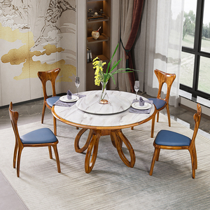 新中式乌金木餐桌椅大理石转盘高级实木圆桌家用豪华餐厅饭厅桌子