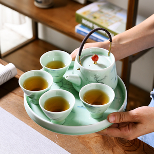 言致玉兰花提梁壶旅行茶具套装礼品青瓷手绘陶瓷功夫茶盘整套茶杯