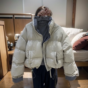 2024年冬季韩国东大门撞色立领面包服女短款宽松显瘦加厚棉服外套