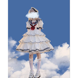 海军风三段式lolita白色刺绣连衣裙洛丽塔学院风可爱蓬蓬公主裙