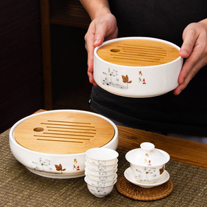 潮州功夫茶盘家用陶瓷茶台圆形木盘储水式简约大号茶海荼船茶具