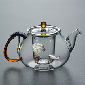 泡茶壶单壶玻璃茶壶小容量办公室花茶壶家用加厚煮茶壶纯手工镶银