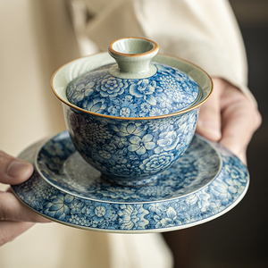 青花瓷老陶泥汝窑将军三才盖碗复古家用陶瓷敬茶碗功夫茶具泡茶碗