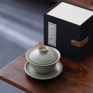 汝窑盖碗茶杯单个开片冰裂纹陶瓷功夫茶具泡茶碗复古风防烫三才碗