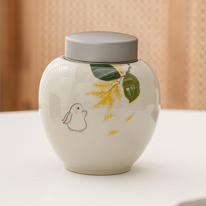 草木灰兔子陶瓷茶叶罐密封罐精品高档合金盖家用防潮存茶储物罐子