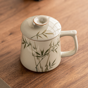 极素手绘文竹陶瓷马克杯带盖茶水分离办公杯高档喝茶杯子个人定制