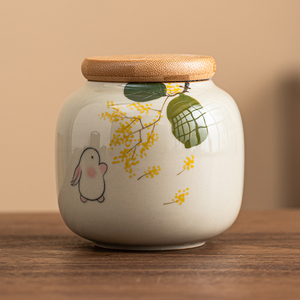 极素手绘金桂月兔茶叶罐密封罐小号便携陶瓷存茶罐防潮家用储物罐