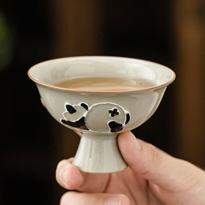 草木灰堆料熊猫茶杯陶瓷高足杯主人杯单个功夫茶具喝茶杯子品茗杯