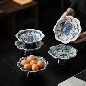 中式青花瓷高脚盘子茶点点心盘精致侘寂风陶瓷零食干果坚果水果盘