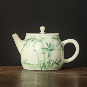 纯手绘翠釉绿竹小平茶壶单个陶瓷带盖泡茶器新中式喝茶茶壶套装