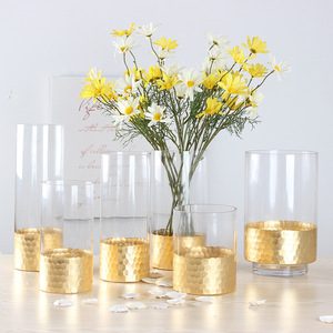 北欧金色金箔裂纹蜂窝蜂巢直筒水培透明玻璃花瓶现代插花花器装饰