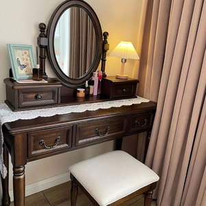 美式乡村实木梳妆台法式复古化妆桌小户型卧室梳妆桌带收纳盒镜子
