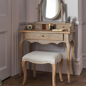 美式实木梳妆台小型复古做旧卧室化妆台欧式橡木雕花圆镜坐凳家具