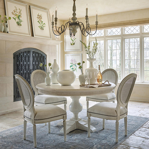 美式轻奢实木餐桌椅组合圆桌法式复古白色旋转伸缩北欧轻奢新中式