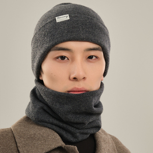 纯羊毛毛线帽子男士冬季2023新款防寒保暖护耳针织帽子围脖一体男