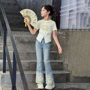 女童新中式国风夏装儿童盘扣短袖T恤上衣大童唐装汉服牛仔裤套装
