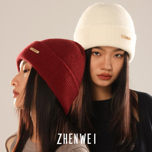 100%纯羊毛帽子女秋冬保暖红色针织毛线帽显脸小冷帽米色包头帽子