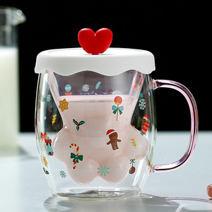 茶杯学生耐热玻璃猫爪杯带把圣诞猫爪带盖可以配勺子隔热杯卡通杯