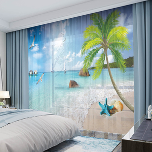 全屋定制现代美式蓝天大海沙滩椰树风景窗帘儿童卧室客厅遮光窗纱